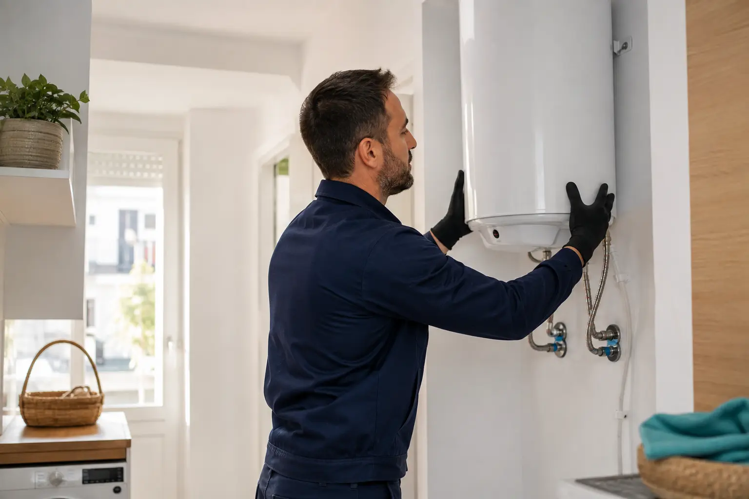 Profesional instalando un termo eléctrico en una vivienda