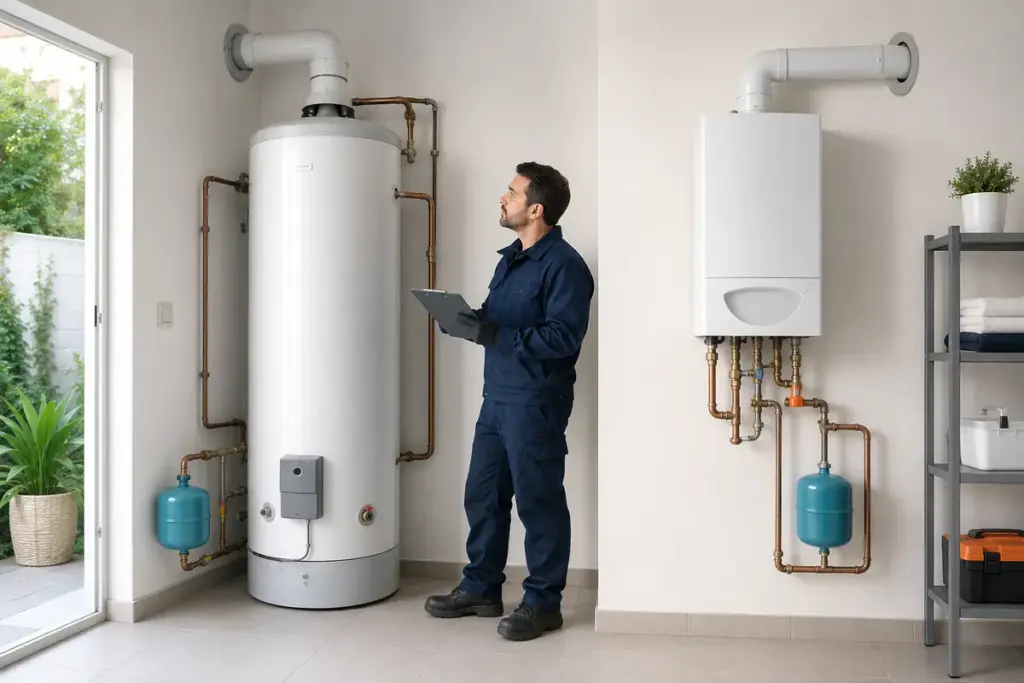 Profesional comparando un acumulador de gas y un calentador instantáneo