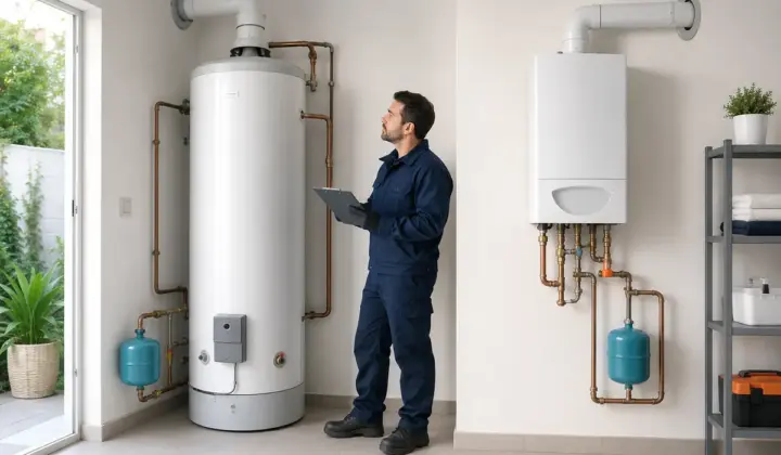 Profesional comparando un acumulador de gas y un calentador instantáneo