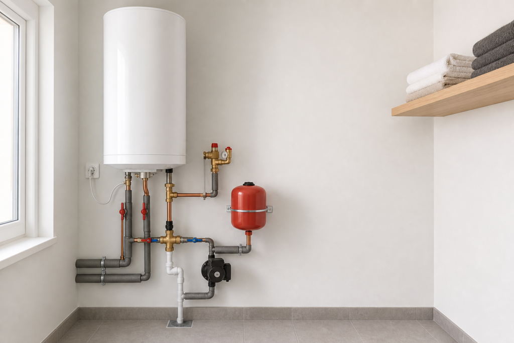 Termo eléctrico con vaso de expansión, válvula mezcladora y tuberías de cobre en un lavadero moderno.