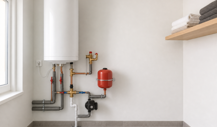 Termo eléctrico con vaso de expansión, válvula mezcladora y tuberías de cobre en un lavadero moderno.