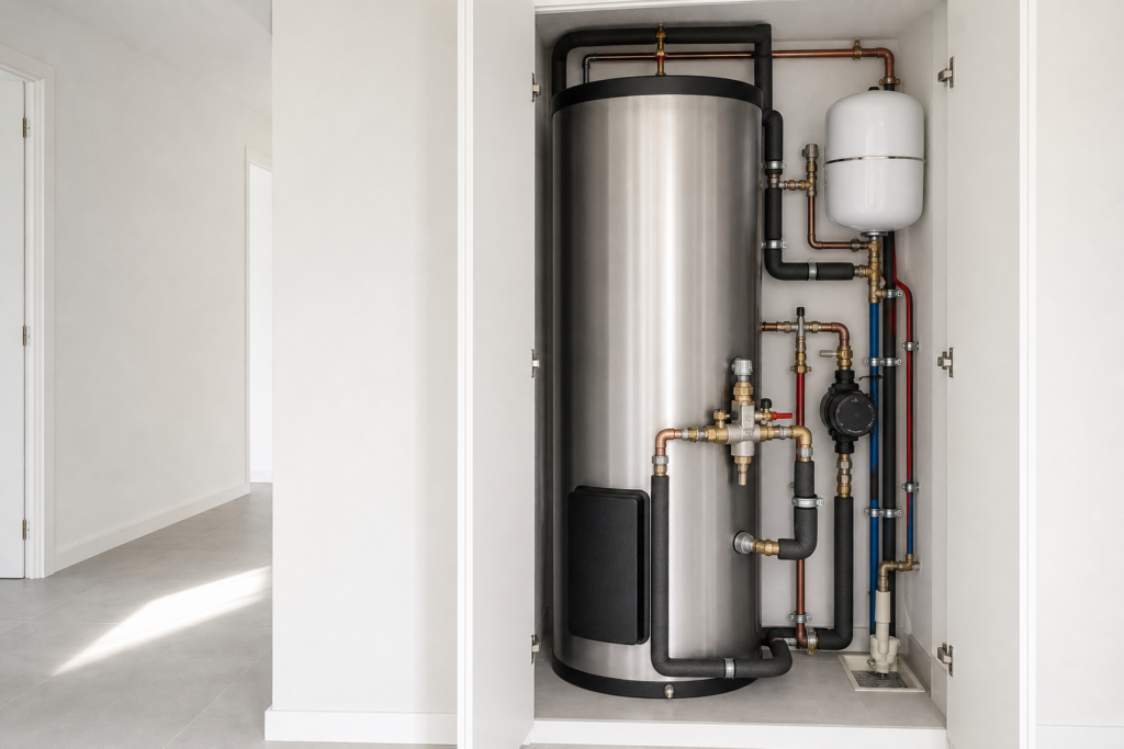 Armario técnico con acumulador de ACS, vaso de expansión y tuberías aisladas en una vivienda moderna.