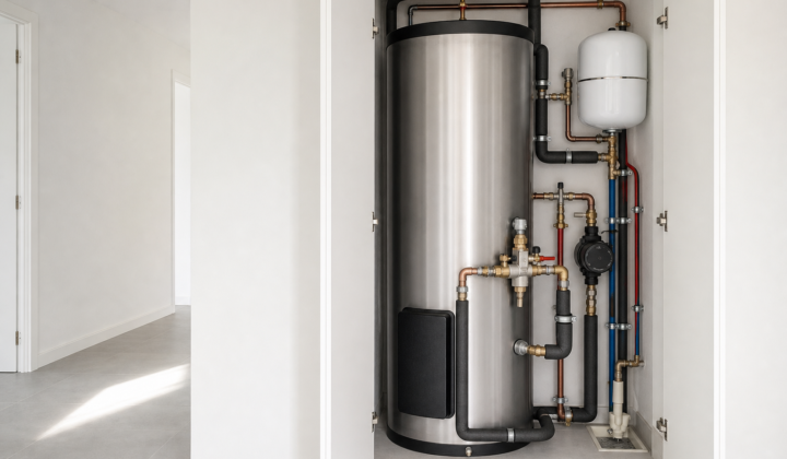 Armario técnico con acumulador de ACS, vaso de expansión y tuberías aisladas en una vivienda moderna.