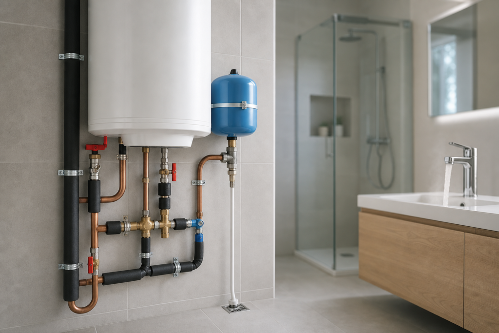 Instalación de termo eléctrico para agua caliente sanitaria en vivienda moderna, con tuberías aisladas, válvulas y vaso de expansión.