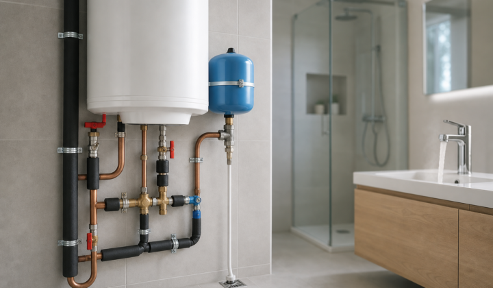 Instalación de termo eléctrico para agua caliente sanitaria en vivienda moderna, con tuberías aisladas, válvulas y vaso de expansión.