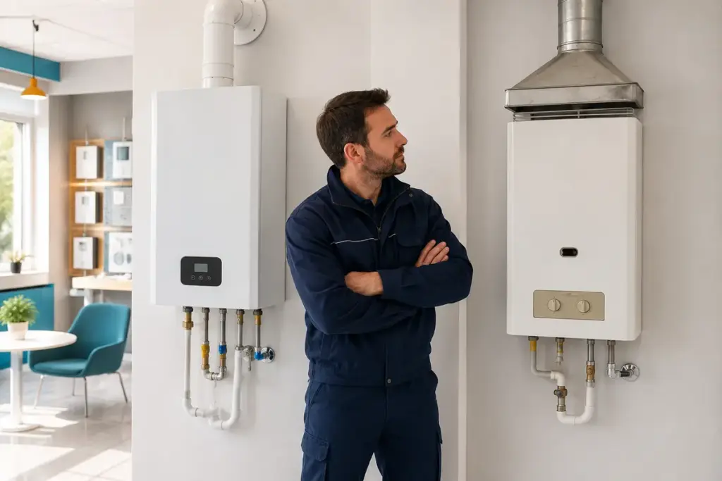 Calentador estanco o atmosférico: diferencias, normativa y cuál elegir 1 Técnico comparando un calentador estanco y uno atmosférico
