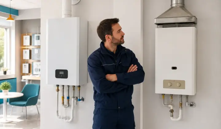 Técnico comparando un calentador estanco y uno atmosférico