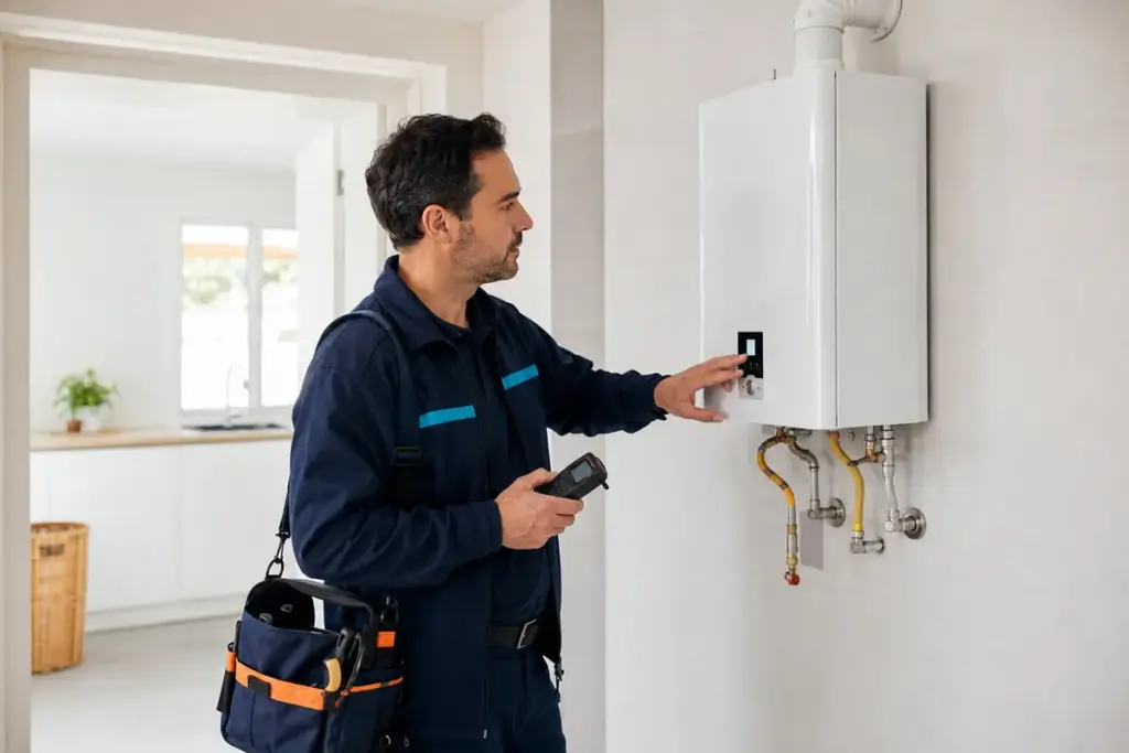 Técnico diagnosticando un calentador de gas que no enciende