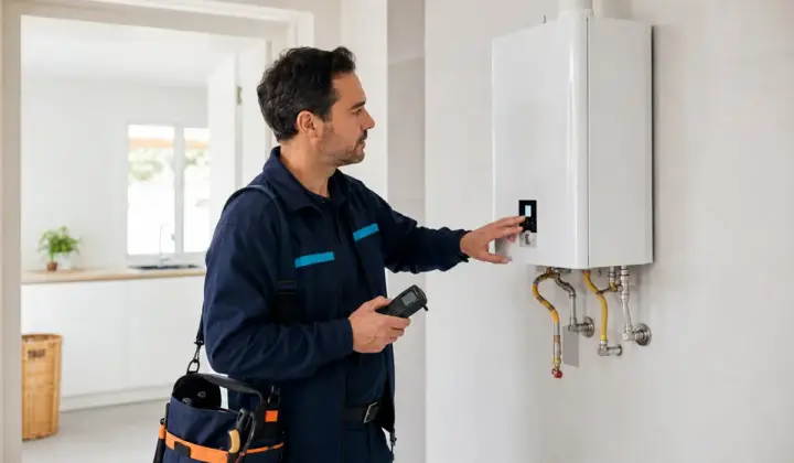 Técnico diagnosticando un calentador de gas que no enciende