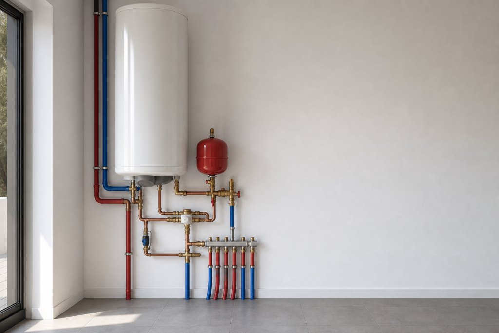 Cuarto técnico con termo eléctrico vertical y tuberías ordenadas para ACS en vivienda moderna.