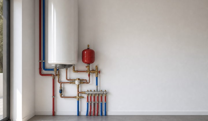 Cuarto técnico con termo eléctrico vertical y tuberías ordenadas para ACS en vivienda moderna.