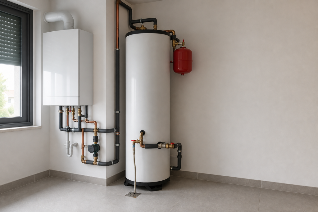 Sala de instalaciones con acumulador de ACS, caldera mural, tuberías aisladas, válvula mezcladora y vaso de expansión en vivienda moderna.