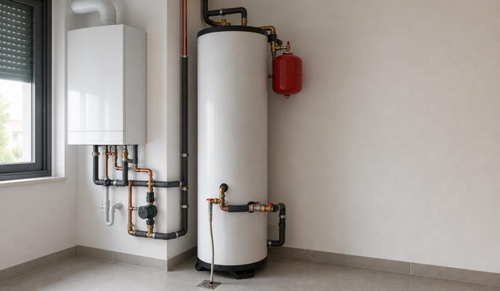 Sala de instalaciones con acumulador de ACS, caldera mural, tuberías aisladas, válvula mezcladora y vaso de expansión en vivienda moderna.