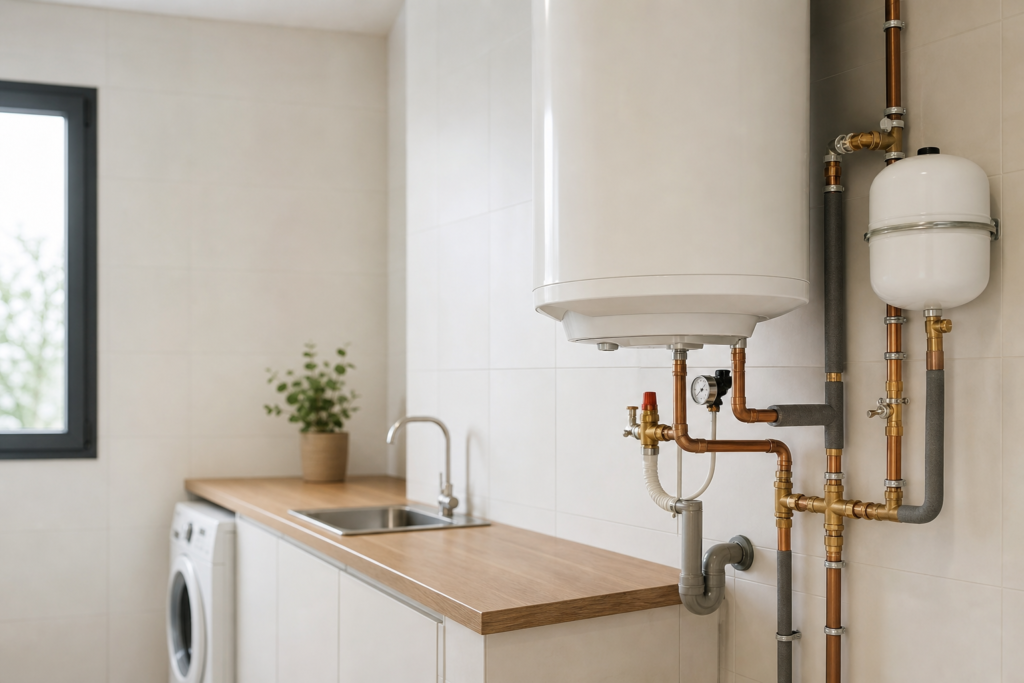 Instalación de ACS con termo eléctrico, vaso de expansión y tuberías de cobre en un cuarto de lavado moderno.