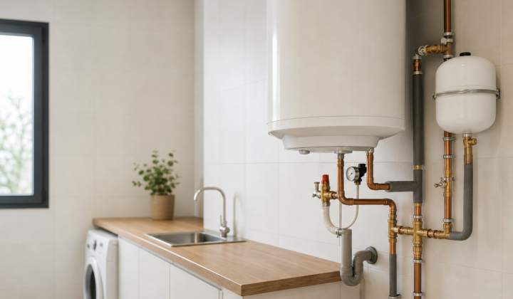 Instalación de ACS con termo eléctrico, vaso de expansión y tuberías de cobre en un cuarto de lavado moderno.