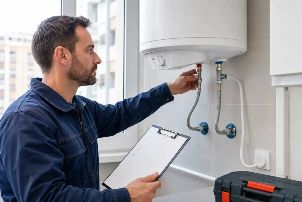 Instalador comprobando válvulas y conexiones de un termo eléctrico nuevo