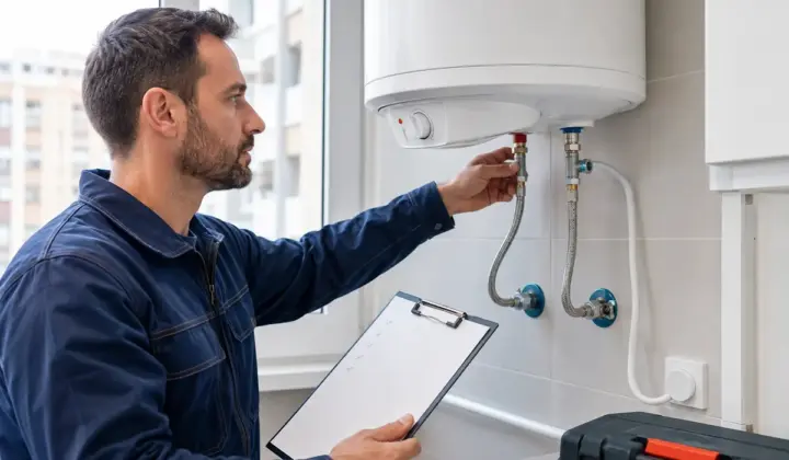 Instalador comprobando válvulas y conexiones de un termo eléctrico nuevo
