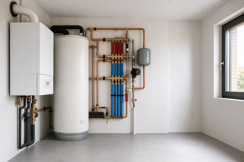Cuarto de instalaciones con caldera mural y acumulador de agua caliente en vivienda moderna.