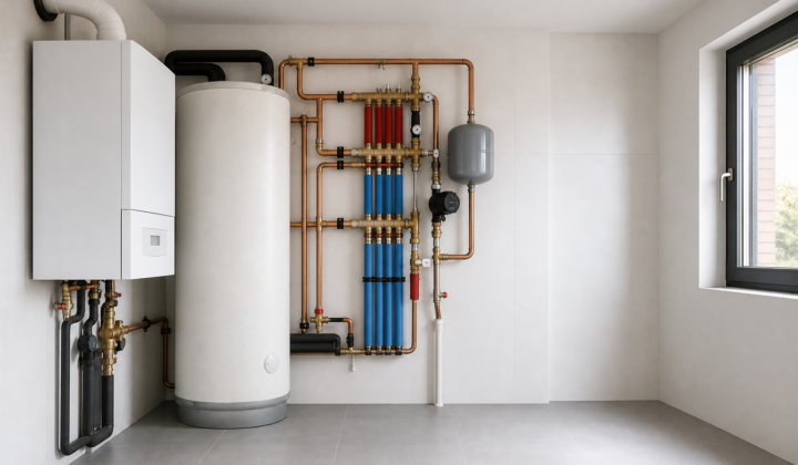 Cuarto de instalaciones con caldera mural y acumulador de agua caliente en vivienda moderna.