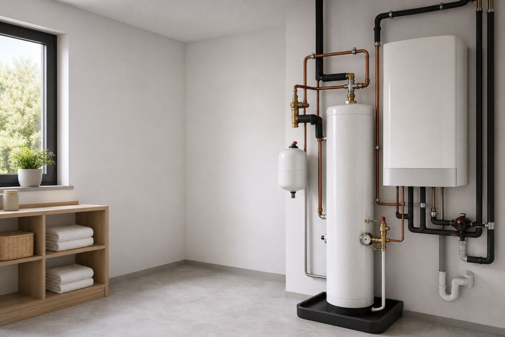 Cómo programar el termo eléctrico para que solo funcione en horas valle 1 Instalación de ACS con acumulador y unidad de aerotermia en un lavadero moderno y luminoso.