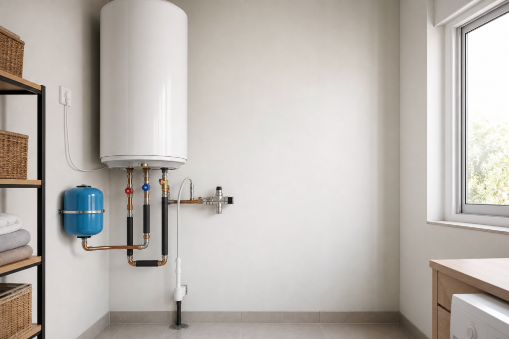 Instalación de termo eléctrico para ACS en vivienda moderna, con tuberías de cobre, válvula de seguridad y vaso de expansión.