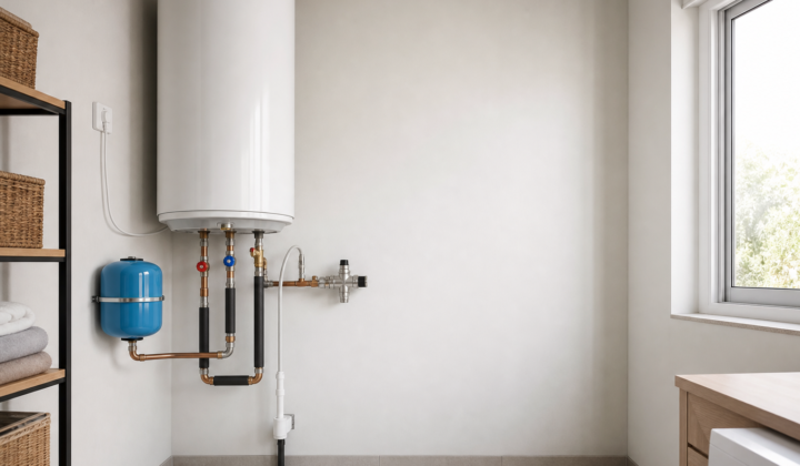 Instalación de termo eléctrico para ACS en vivienda moderna, con tuberías de cobre, válvula de seguridad y vaso de expansión.