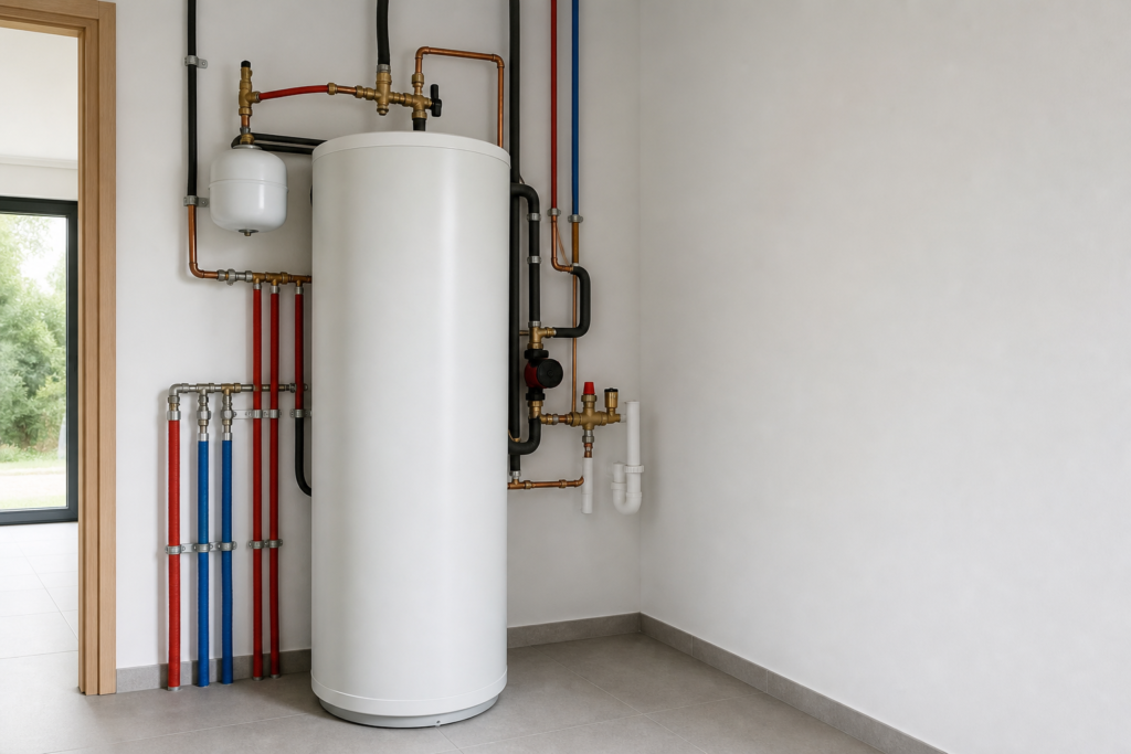 Cuarto de instalaciones moderno con termo de ACS, válvula mezcladora, vaso de expansión y tuberías aisladas en vivienda española.