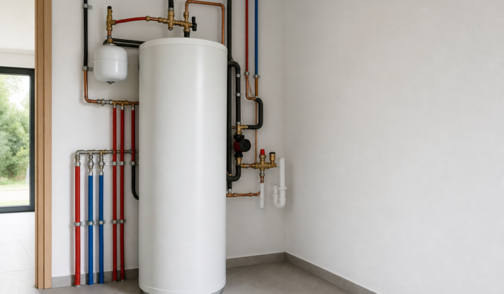 Cuarto de instalaciones moderno con termo de ACS, válvula mezcladora, vaso de expansión y tuberías aisladas en vivienda española.