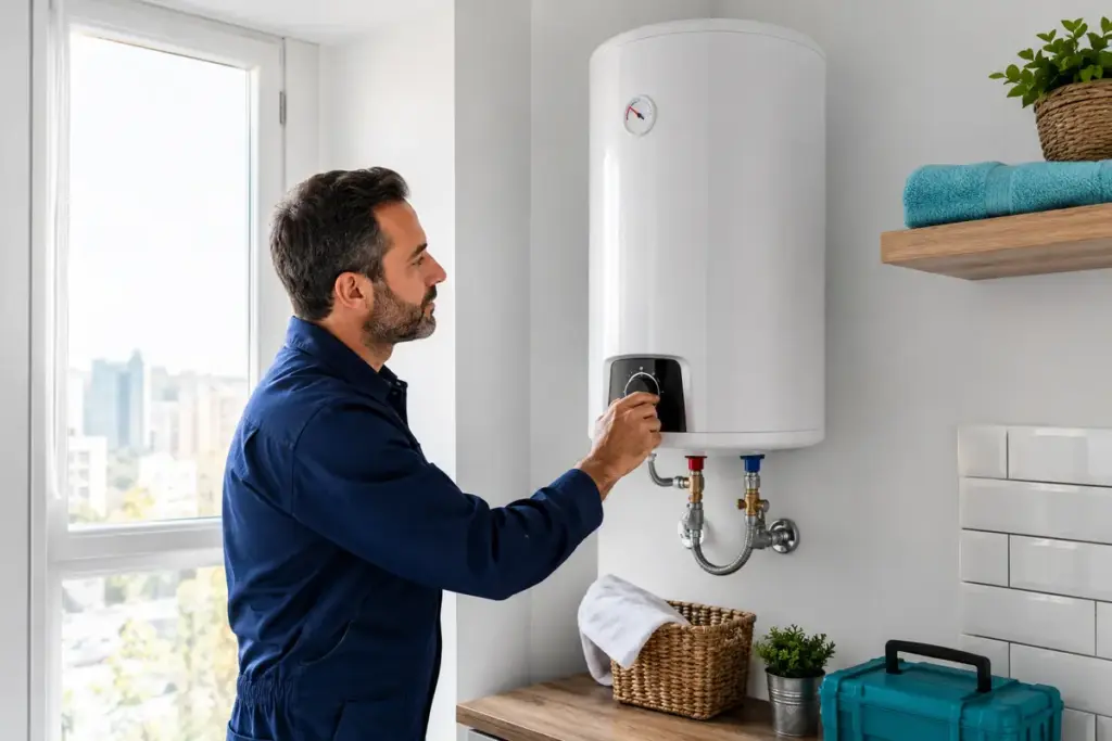 Técnico ajustando la temperatura de un termo eléctrico moderno