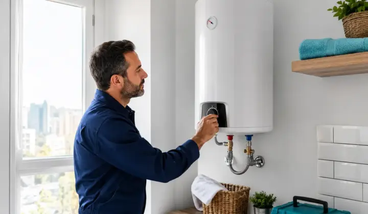 Técnico ajustando la temperatura de un termo eléctrico moderno