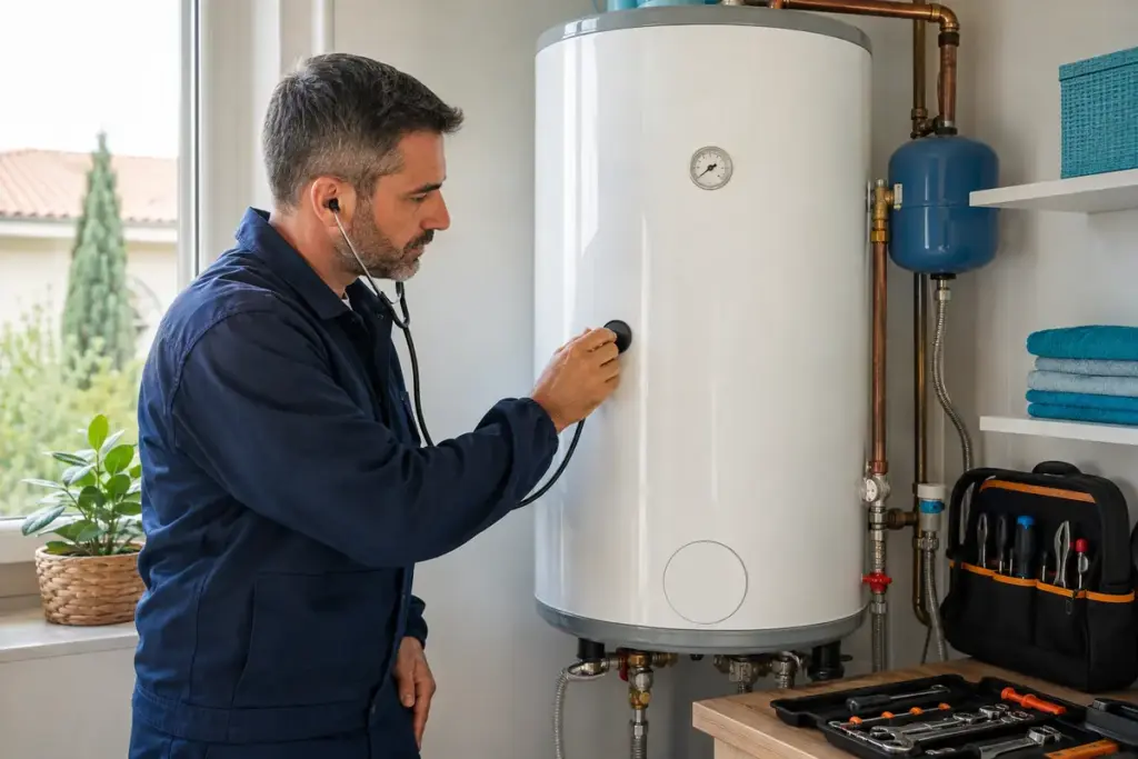 Técnico diagnosticando el ruido de un termo eléctrico