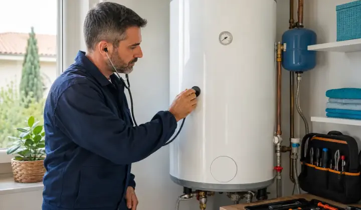 Técnico diagnosticando el ruido de un termo eléctrico