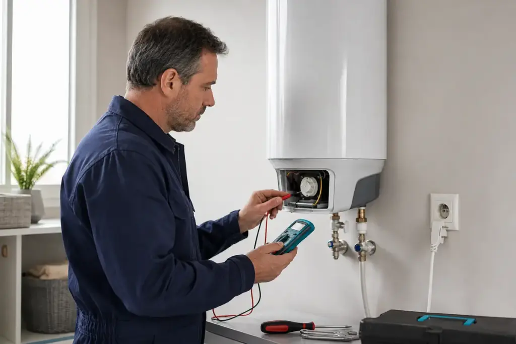 Técnico revisando un termo eléctrico que no calienta