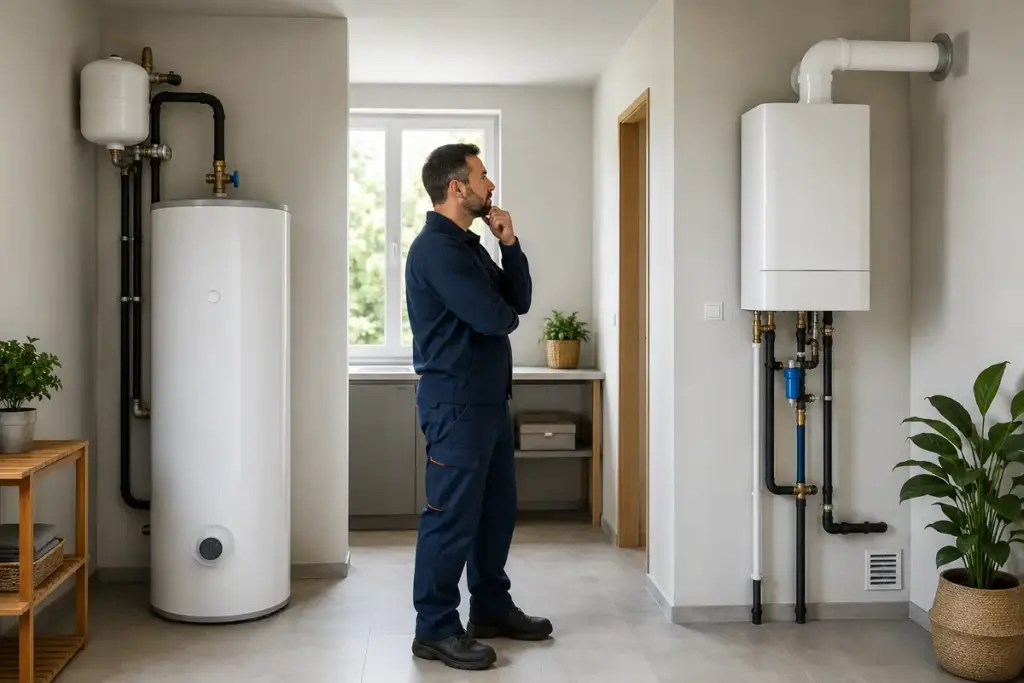 Técnico comparando un termo eléctrico y un calentador de gas