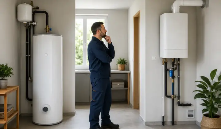 Técnico comparando un termo eléctrico y un calentador de gas
