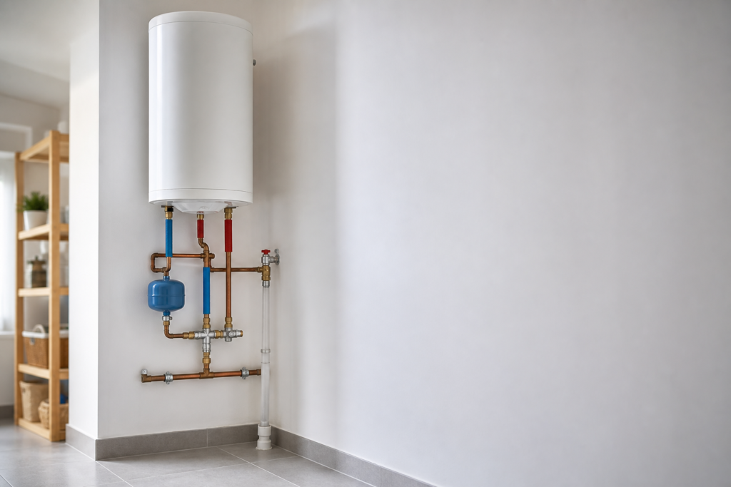 Termo eléctrico y tuberías de ACS ordenadas en un cuarto técnico de vivienda moderna.
