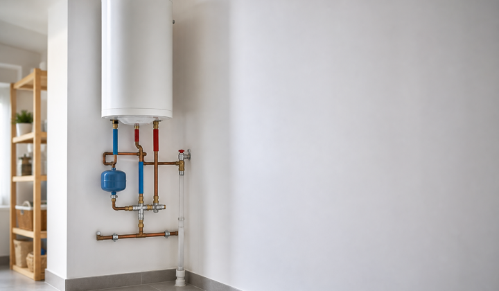 Termo eléctrico y tuberías de ACS ordenadas en un cuarto técnico de vivienda moderna.