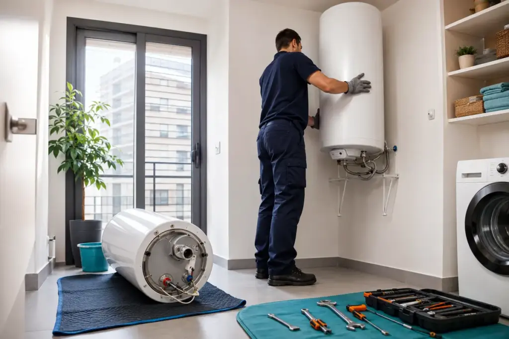 Instalador sustituyendo un termo eléctrico antiguo por uno nuevo