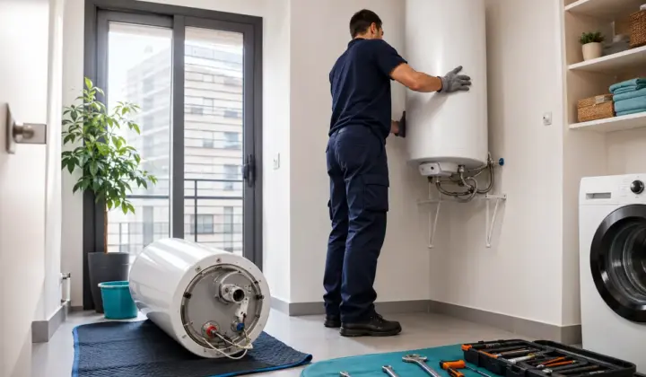 Instalador sustituyendo un termo eléctrico antiguo por uno nuevo