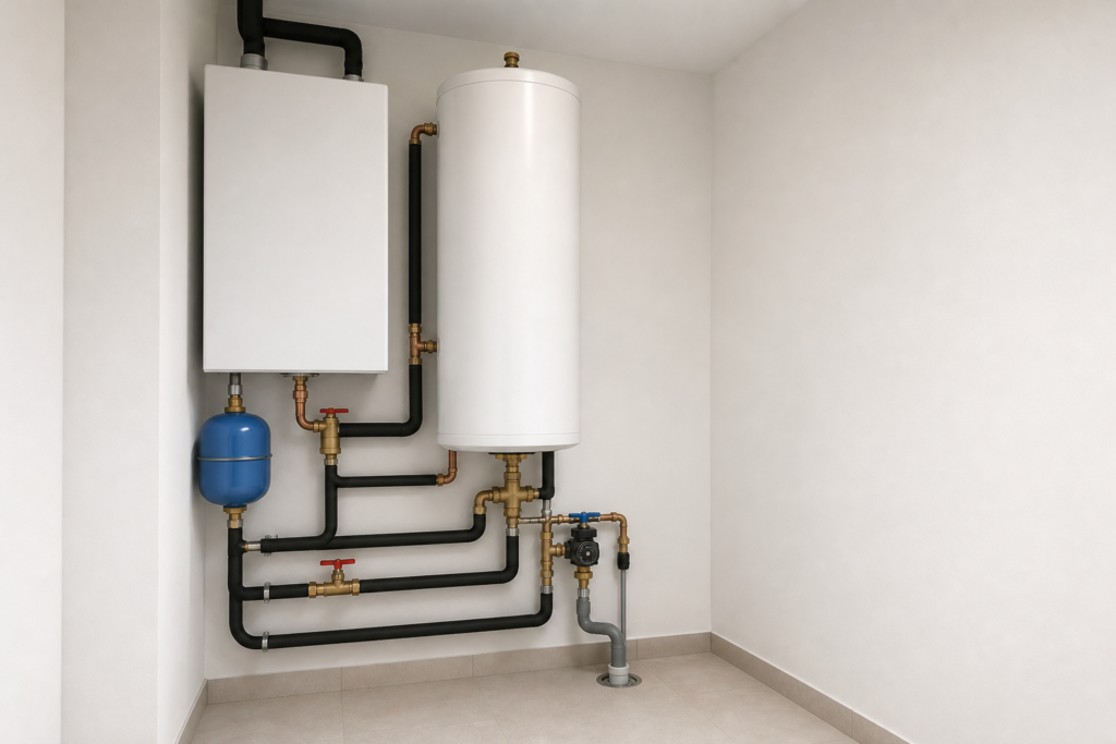 Cuarto de instalaciones moderno con caldera mural y termo acumulador de ACS, tuberías aisladas, válvula mezcladora y vaso de expansión.