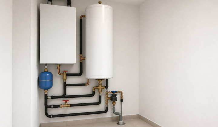 Cuarto de instalaciones moderno con caldera mural y termo acumulador de ACS, tuberías aisladas, válvula mezcladora y vaso de expansión.
