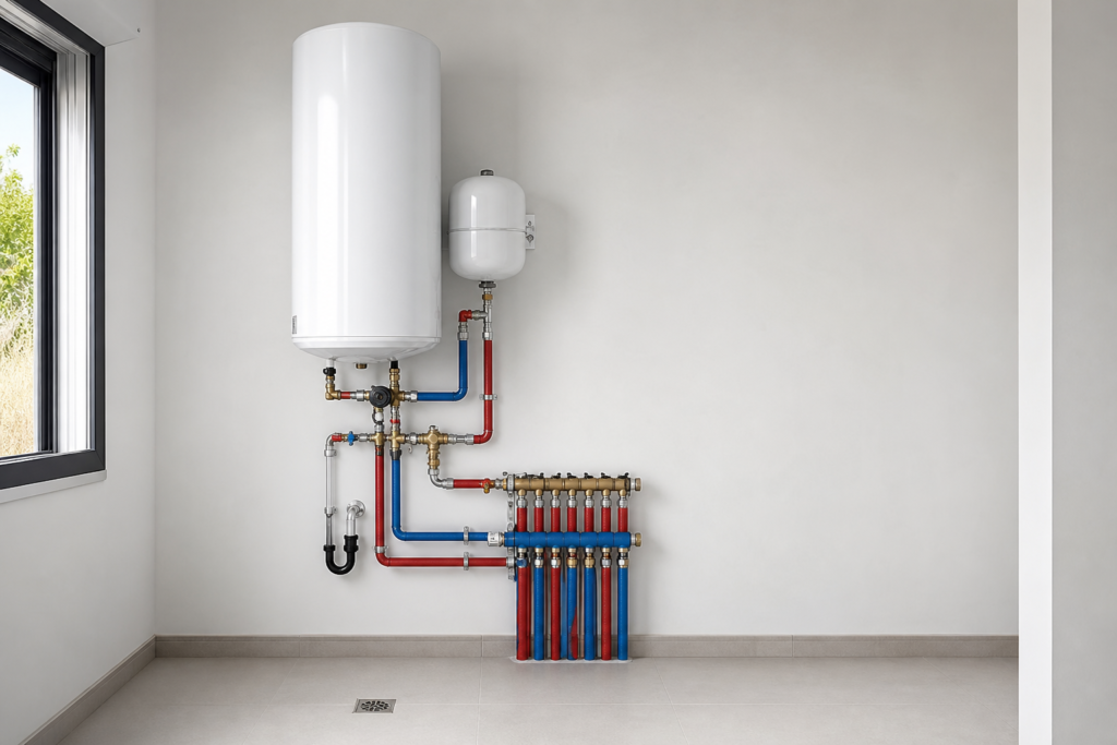 Termo eléctrico con vaso de expansión y grupo de seguridad en cuarto técnico moderno, tuberías aisladas rojo y azul.
