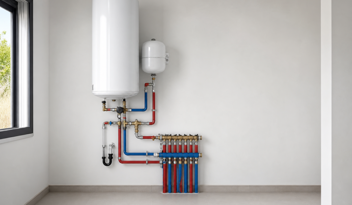 Termo eléctrico con vaso de expansión y grupo de seguridad en cuarto técnico moderno, tuberías aisladas rojo y azul.