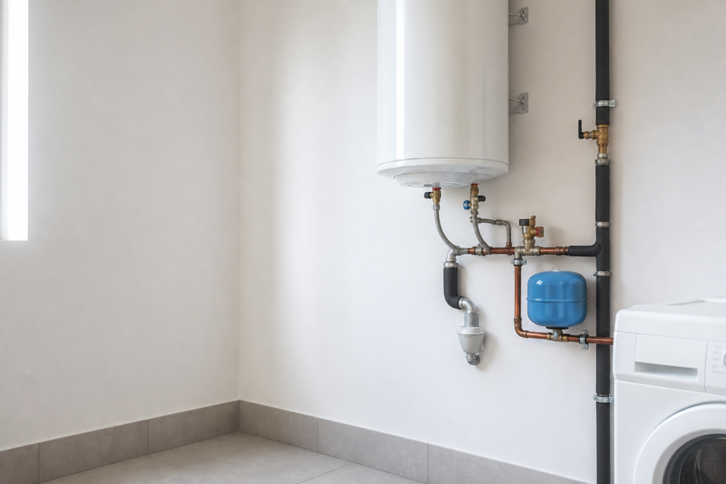 Instalación de ACS con termo eléctrico, vaso de expansión y tuberías aisladas en una vivienda moderna.