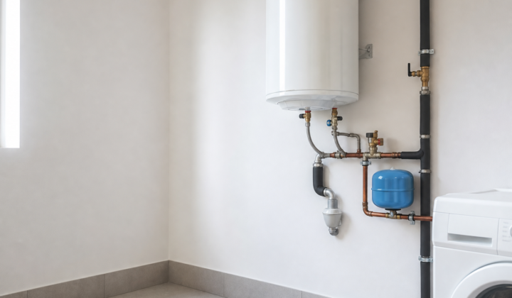 Instalación de ACS con termo eléctrico, vaso de expansión y tuberías aisladas en una vivienda moderna.