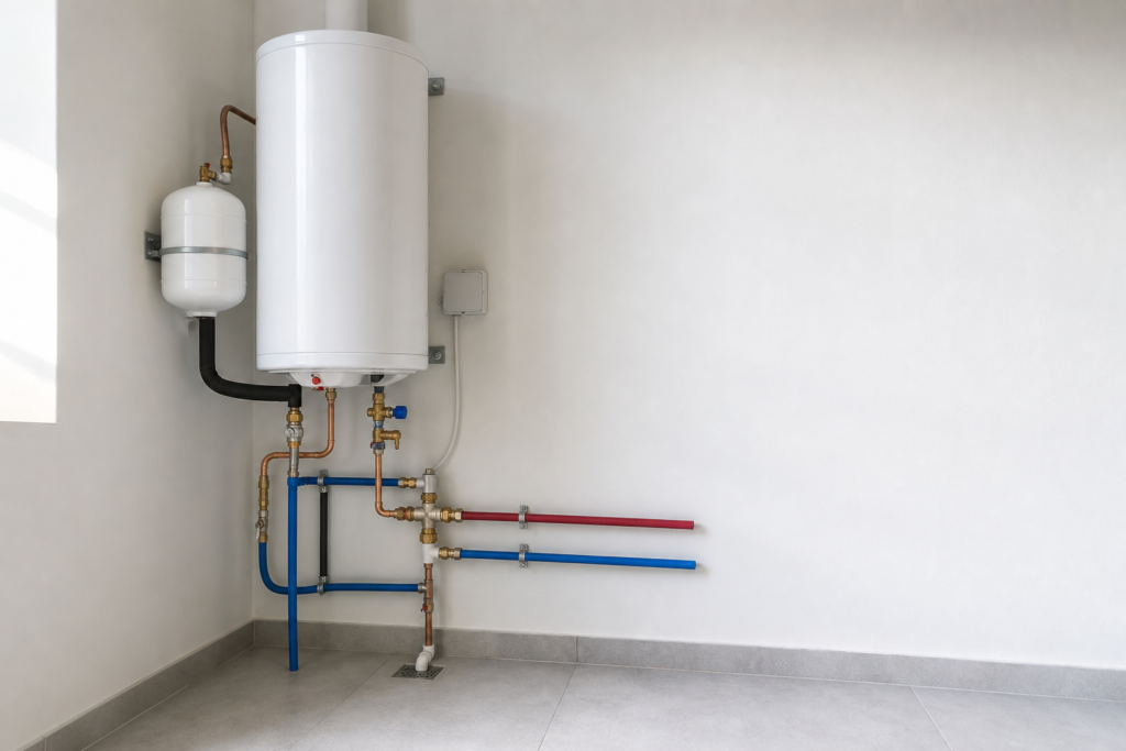 Termo de agua caliente sanitaria con tuberías, vaso de expansión y válvulas en cuarto de instalaciones de vivienda moderna en España.