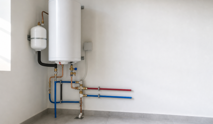 Termo de agua caliente sanitaria con tuberías, vaso de expansión y válvulas en cuarto de instalaciones de vivienda moderna en España.