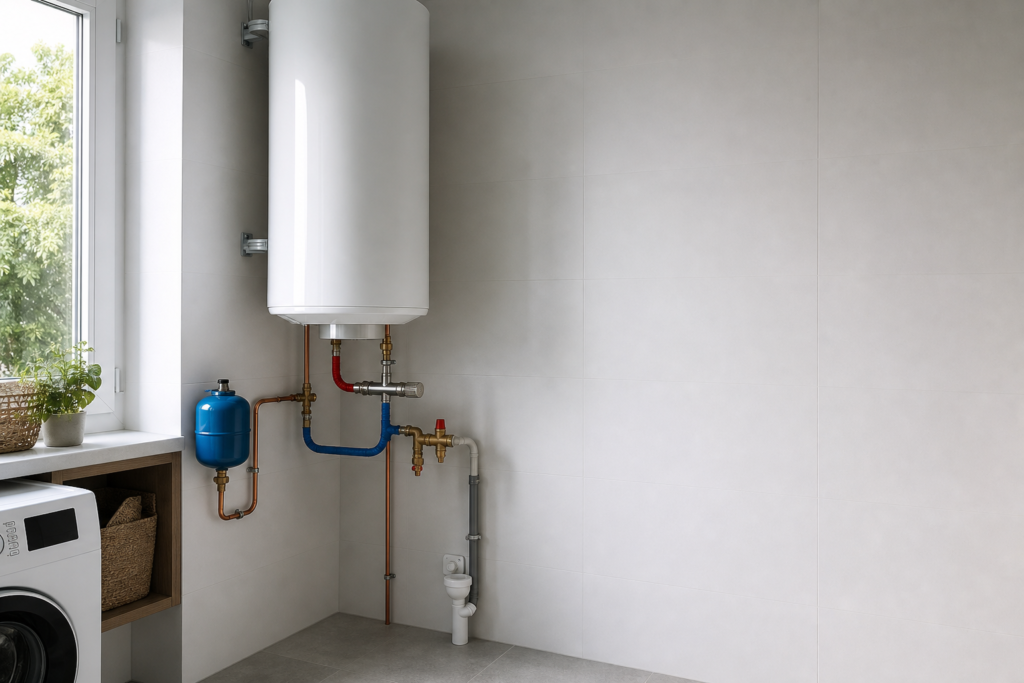 Termo eléctrico de ACS instalado en lavadero moderno con tuberías de cobre aisladas, válvula de seguridad y vaso de expansión.