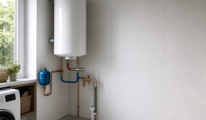 Termo eléctrico de ACS instalado en lavadero moderno con tuberías de cobre aisladas, válvula de seguridad y vaso de expansión.