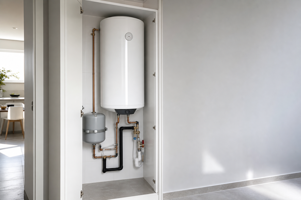 Armario técnico con termo eléctrico y tuberías de cobre aisladas en vivienda moderna, iluminación natural.